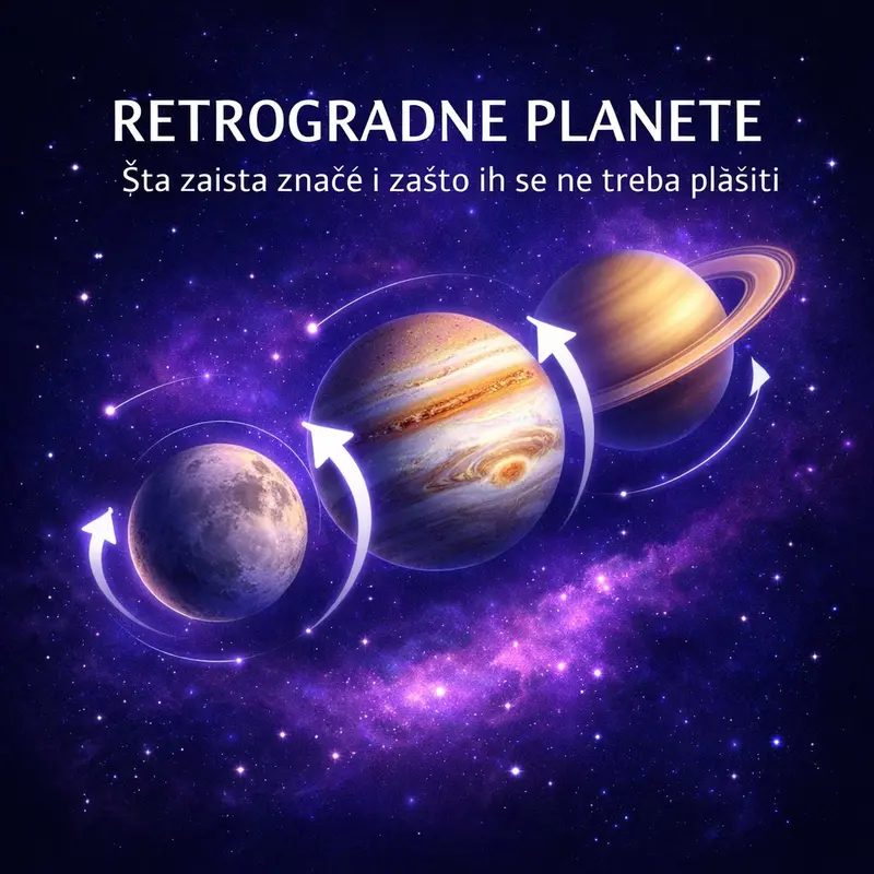 Retrogradne planete — ilustracija Merkura, Jupitera i Saturna sa strelicama koje pokazuju prividan povratni pravac kretanja